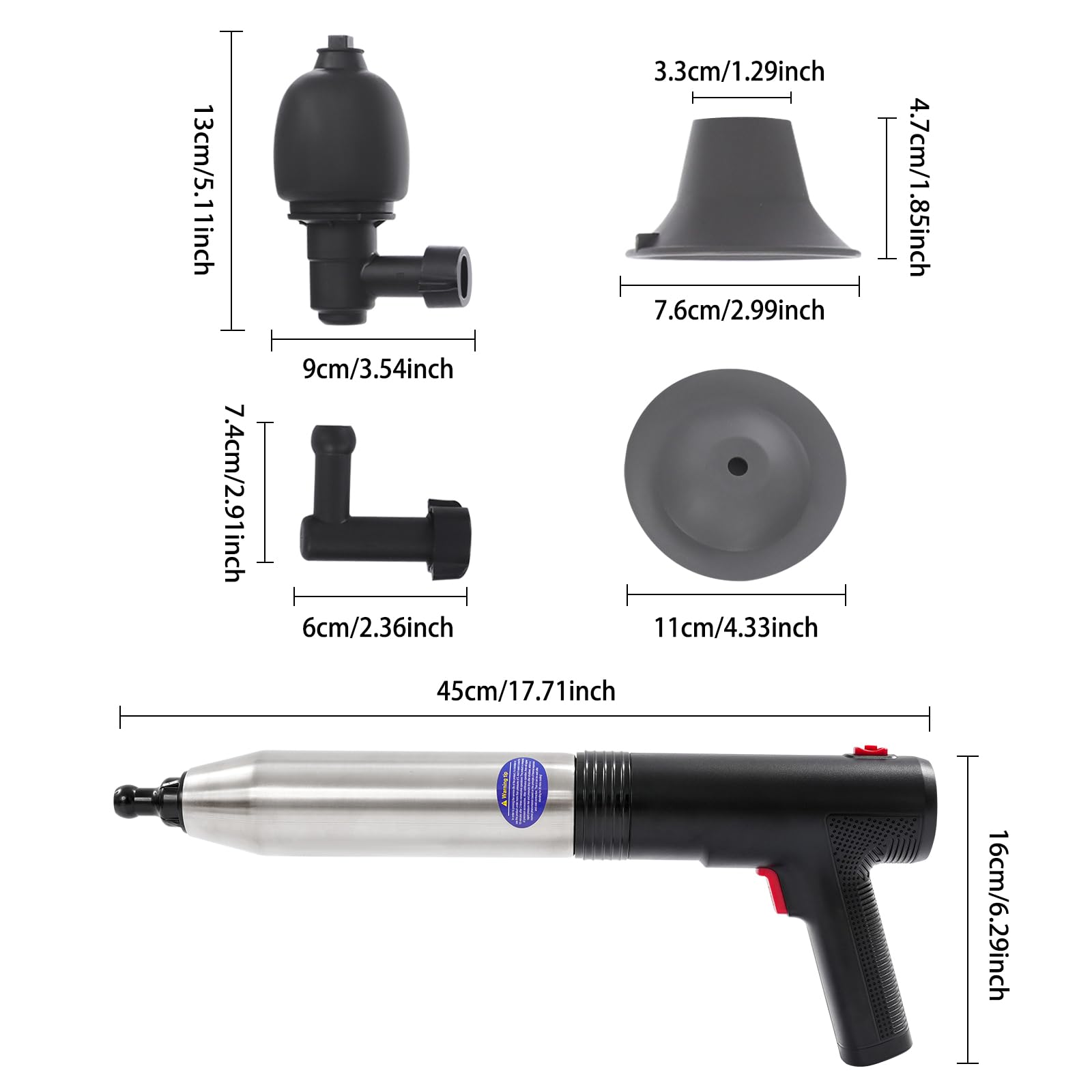 Limpiador de tuberías de aire comprimido 1500 mAh para inodoro, con 4 accesorios (negro) | Con manómetro, presión de 1 – 6 kgf/cm², mango ergonómico para desagüe de inodoro, incluye cargador