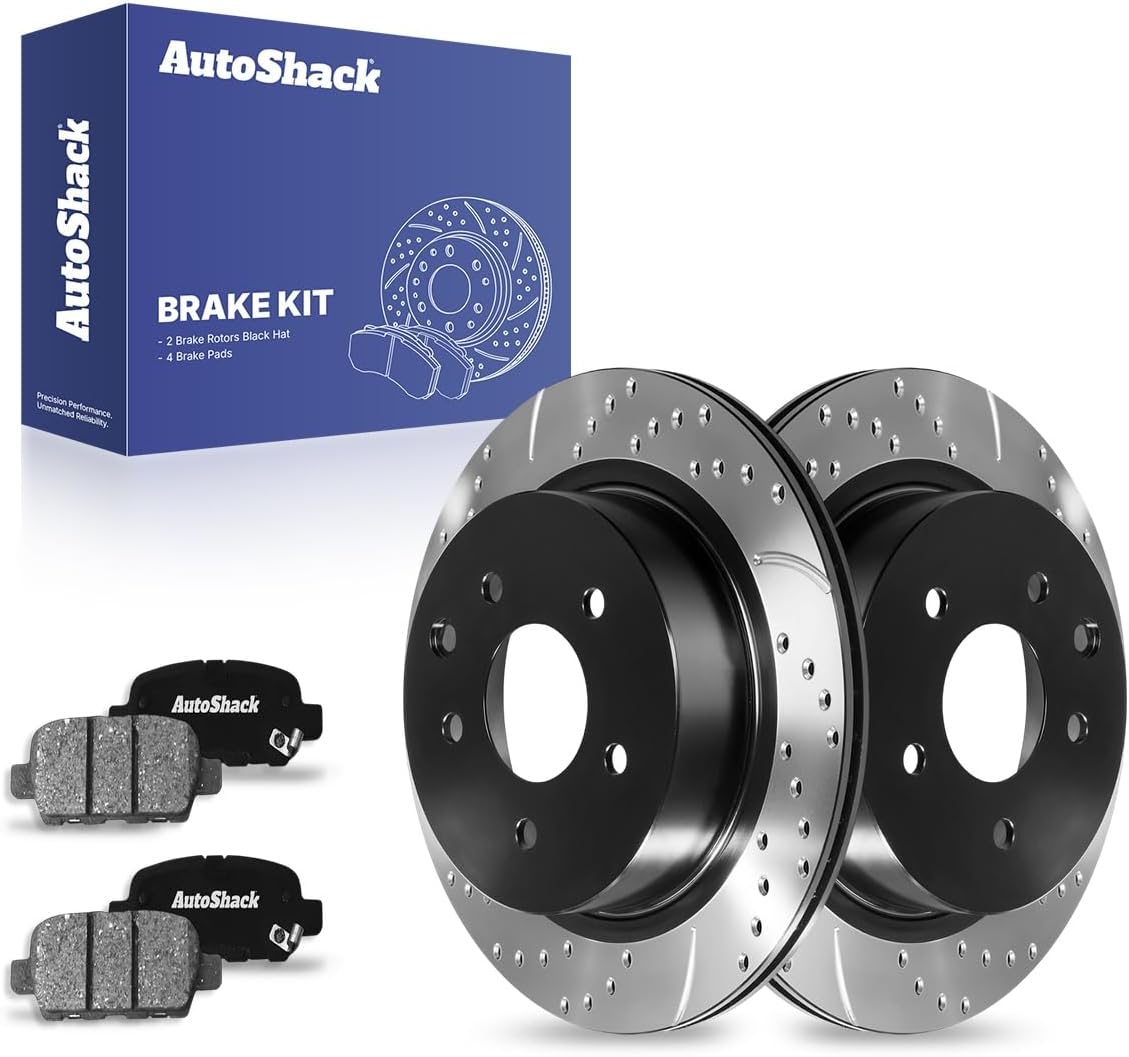 AutoShack Rear Vented Drilled & Slotted E-Coated Brake Rotors + Ceramic Pads 6-PC Brake Kit Replacement for 2008-2013 Nissan Rogue 2014-2015 Nissan Rogue Select ShadowGuard 11.49" (291.8 mm)