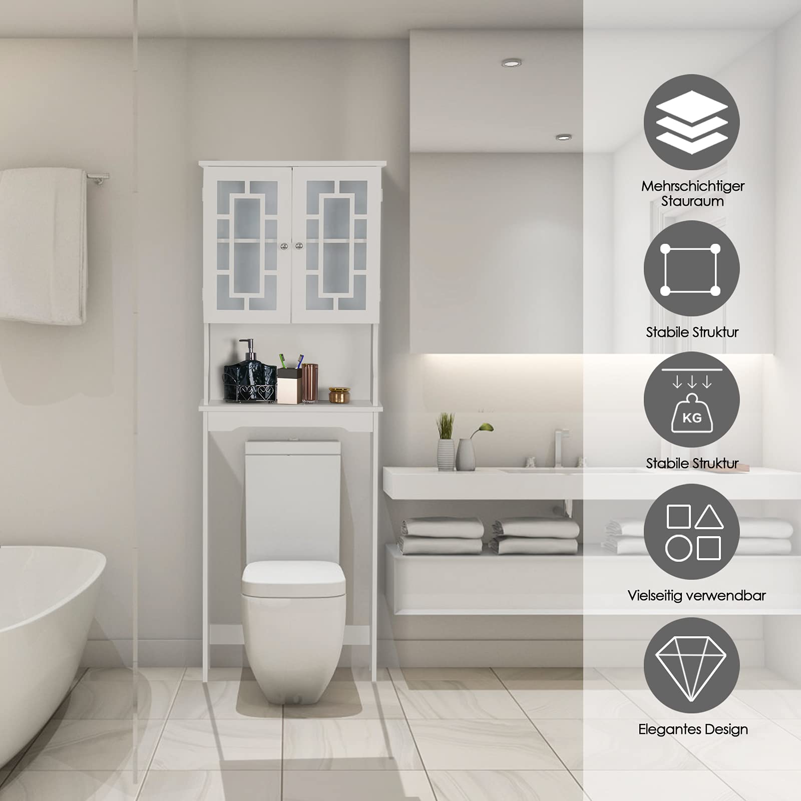 DORTALA Over-The-Toilet Storage Cabinet – White, Space-Saving Bathroom Organizer With Shelves