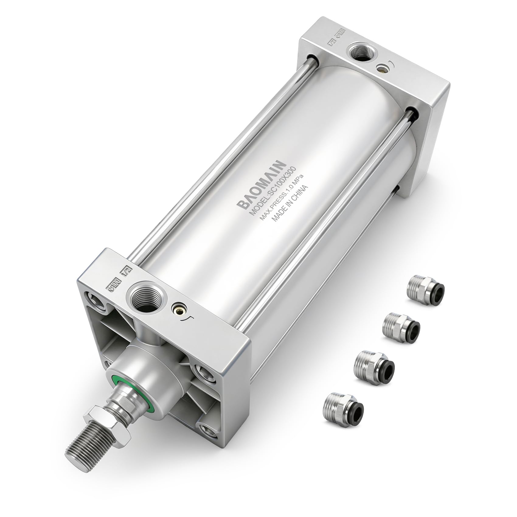 Baomain Pneumatic Air Cylinder SC 100 x 300, PT 1/2 Port, 3.94" Bore, 11.81" Stroke, Single Rod Double Acting, M20X1.5 Threaded Rod, with 4X Push-in