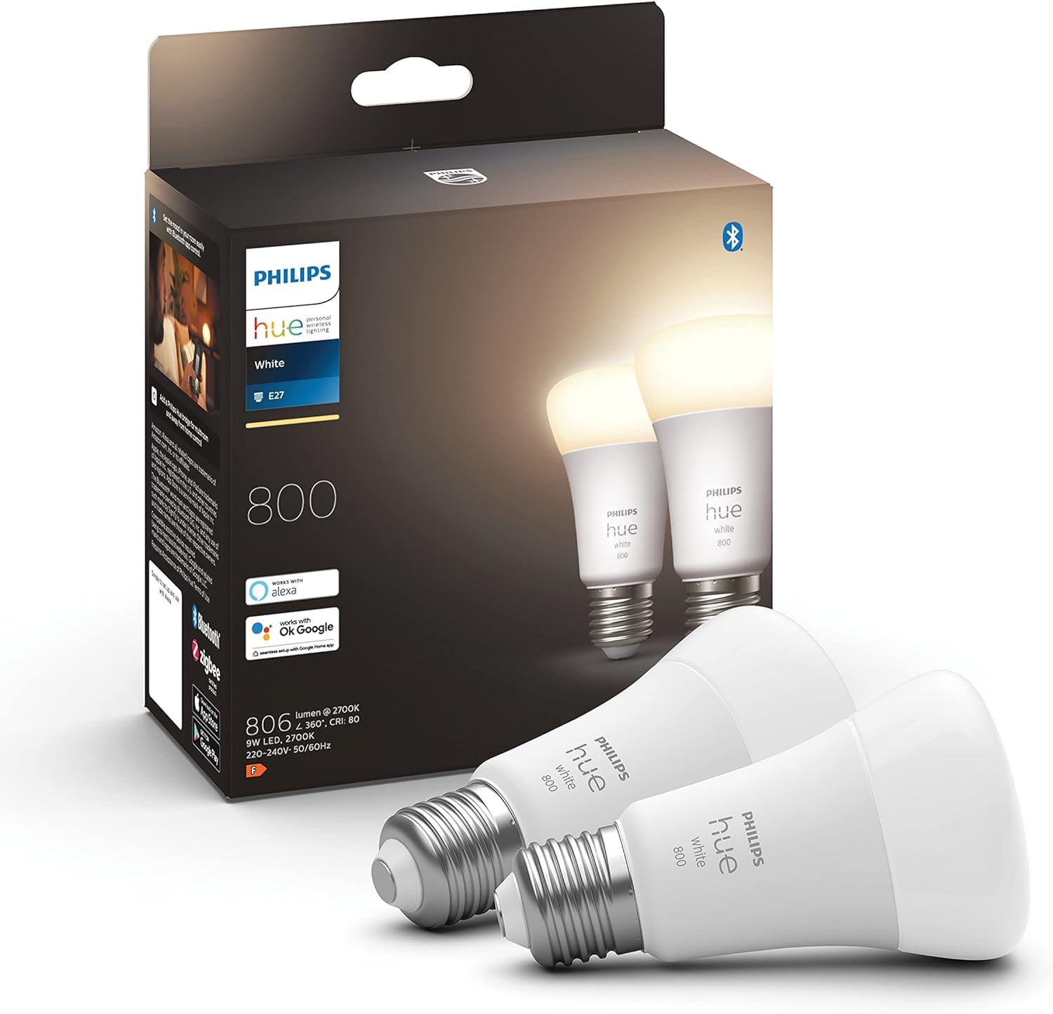 Philips Hue Motion Sensor Détecteur de Mouvement sans Fil & White Ampoules LED Connectées E27, équivalent 60W, 800 Lumen, Compatible Bluetooth, Pack de 2, Fonctionne avec Alexa
