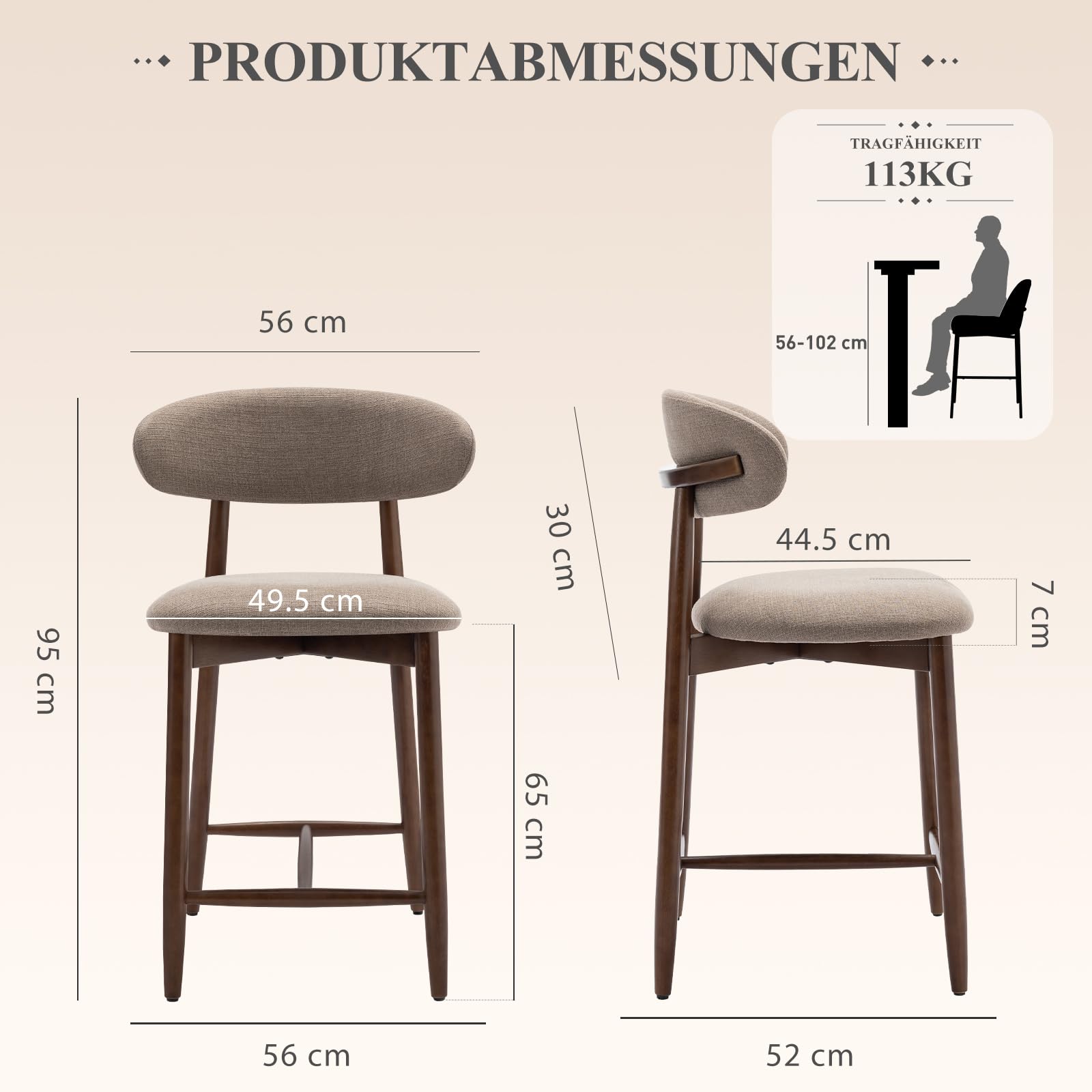 COLAMY Barhocker 2er Set, Bar Hocker mit Lehne, Küchenstühle mit Rückenlehne, Barstuhle mit Holzbeinen für Küche, Bar, Esszimmer, Büro, Kamel