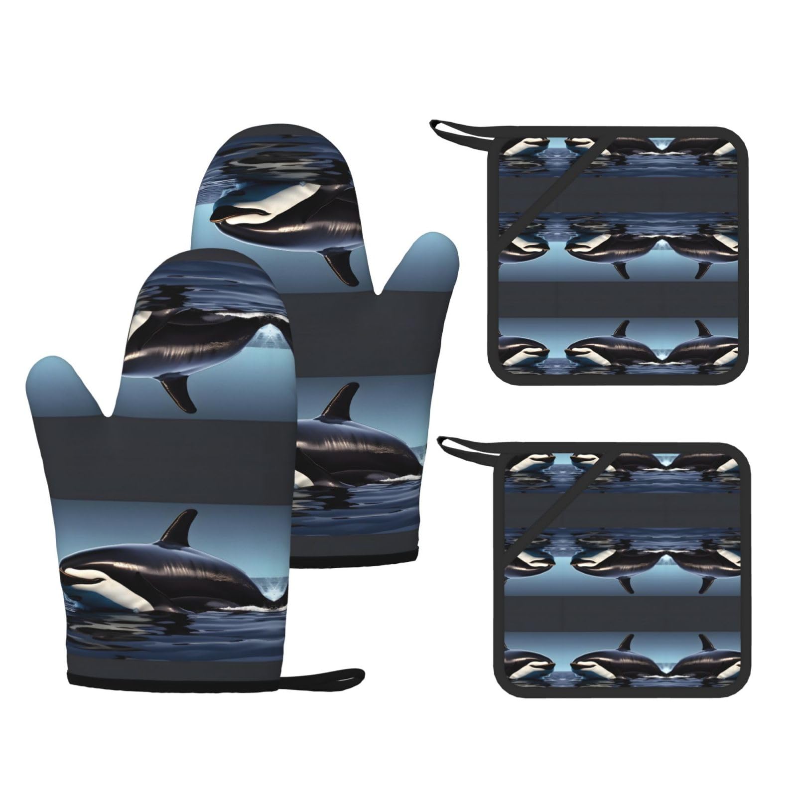 Orca Killer Whale print Printed Kitchen Set with Heat Resistant Oven Gloves & Non-Slip Pot Holders for Daily Cooking