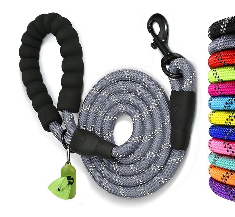 Rope Dog Leash with 150 x 1.2 cm Soft Padded Handle Reflective Lead and Multi Colour for Medium Dogs, Gray