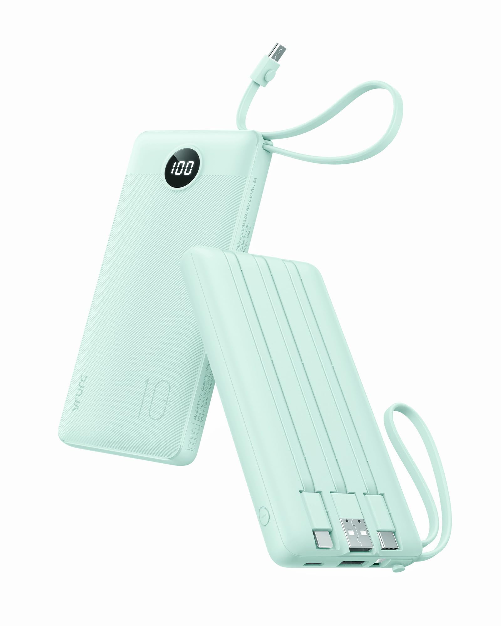 VRURC Power Bank with Built-in Cables,USB C Portable Charger for iPhone | 10000mAh Slim Charging Bank with Lanyard, Perfect for Travel, Work, School and Daily Carry-Green