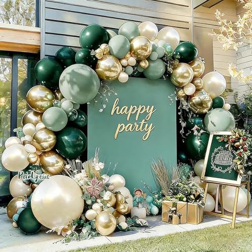 Image of Emerald Green Gold Balloon Arch Kit Double Stuffed Dark Dusty Green Pearl White Sand Latex Balloon Garland for Birthday Baby Shower Wedding Anniversary Graduation Jungle St. Patrick's Day Party