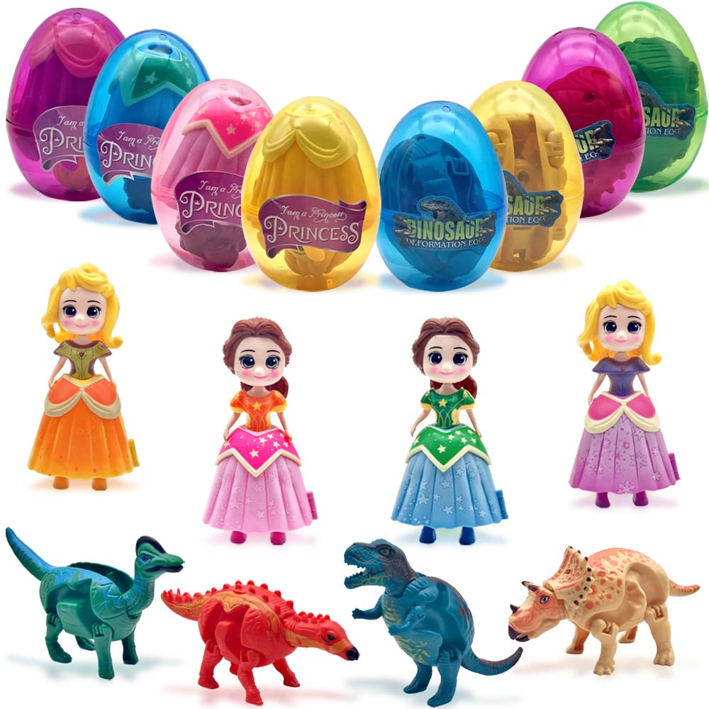 TEGEEM 4 Packs Easter Egg Gift Soldier Deformation Pre-Filled Easter Eggs Boys and Girls Educational Toy Ball with Toys Inside Surprise Deformation Ball Easter Basket Stuffers (Princess+Dinosaur)