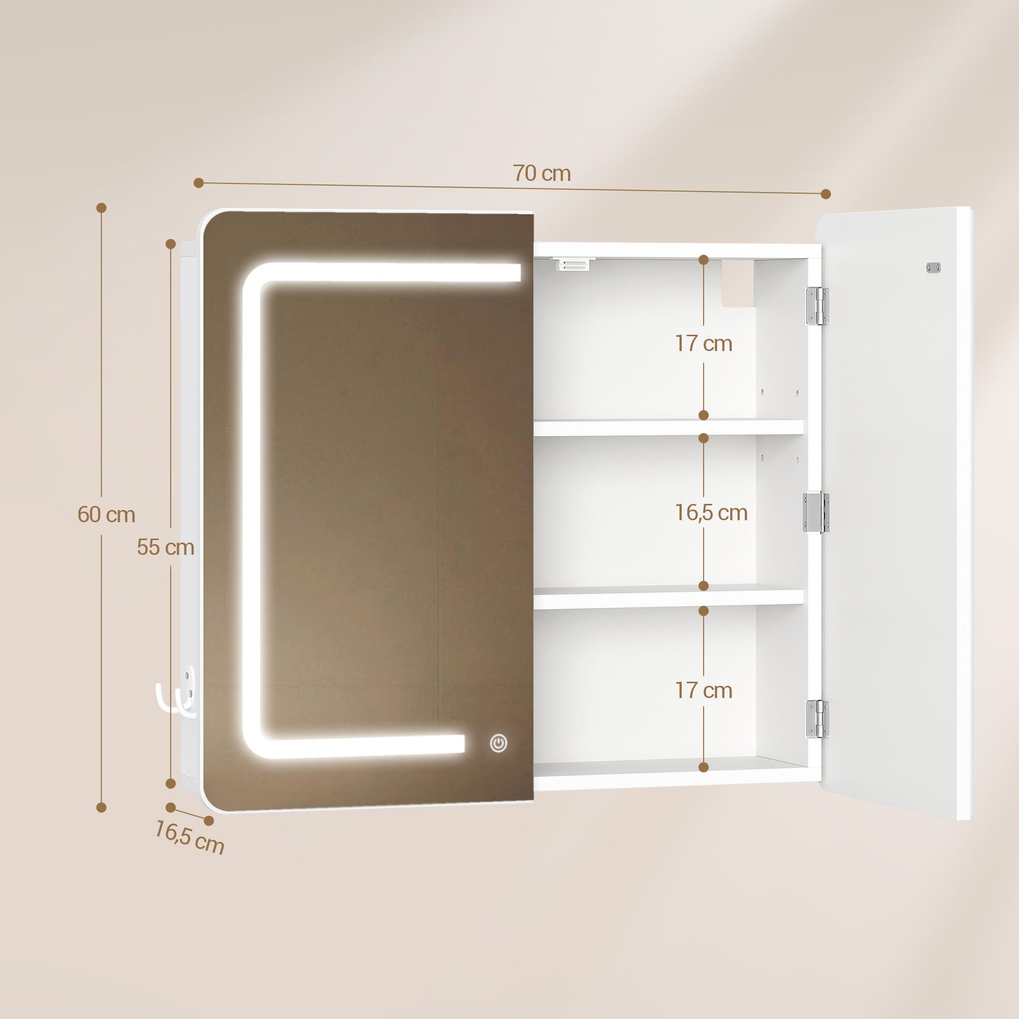 Hzuaneri Spiegelschrank Bad mit Beleuchtung, Badezimmer Spiegelschrank, 3 Farbtemperatur Dimmbare, Badezimmerschrank mit Spiegel und Verstellbarem Regal, 16,5 x 70 x 60 cm Weiß MC30203XEU