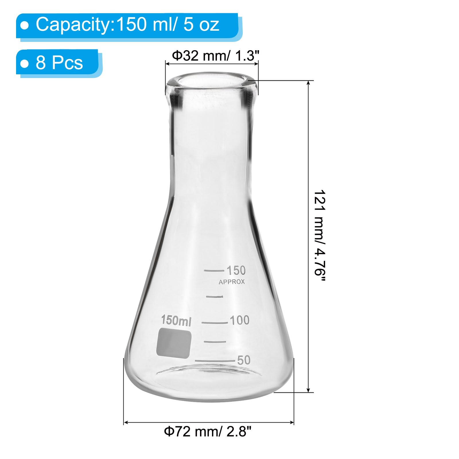 PATIKIL 8Stk Erlenmeyer-Kolben 150ml 5oz Schmalhals Messkolben | Borosilikatglas, Mit Aufgedruckter Skala, Für Laborversuche Chemie Wissenschaftliches Studium