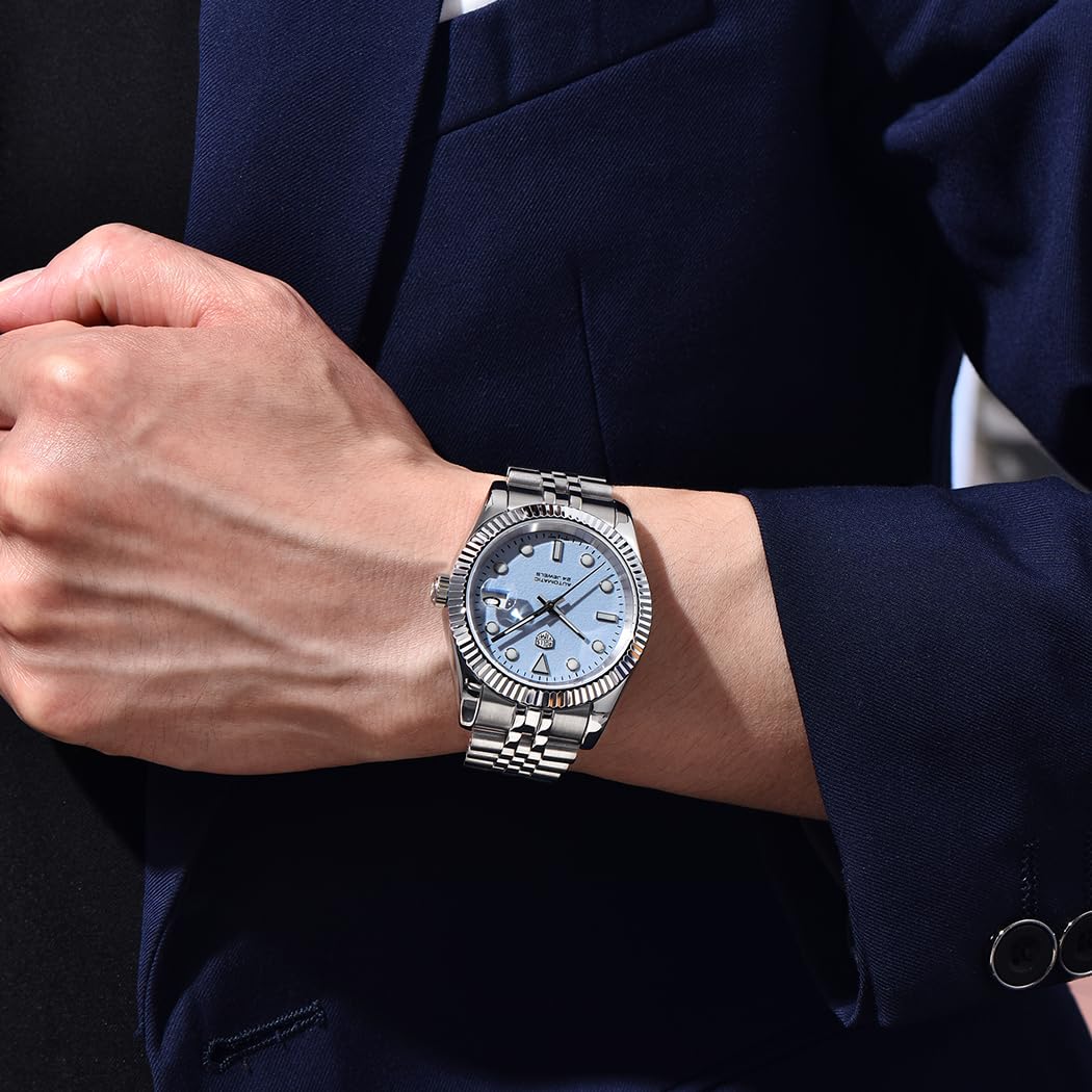 RollsTimi Automatic Men's Watch, NH35A Movement, 40mm Stainless Steel Case Waterproof Wrist Watch for Men Luminous Hands & Day Display, Stylish for Business, Casual & Sports (RT-7930 Light Purple A)