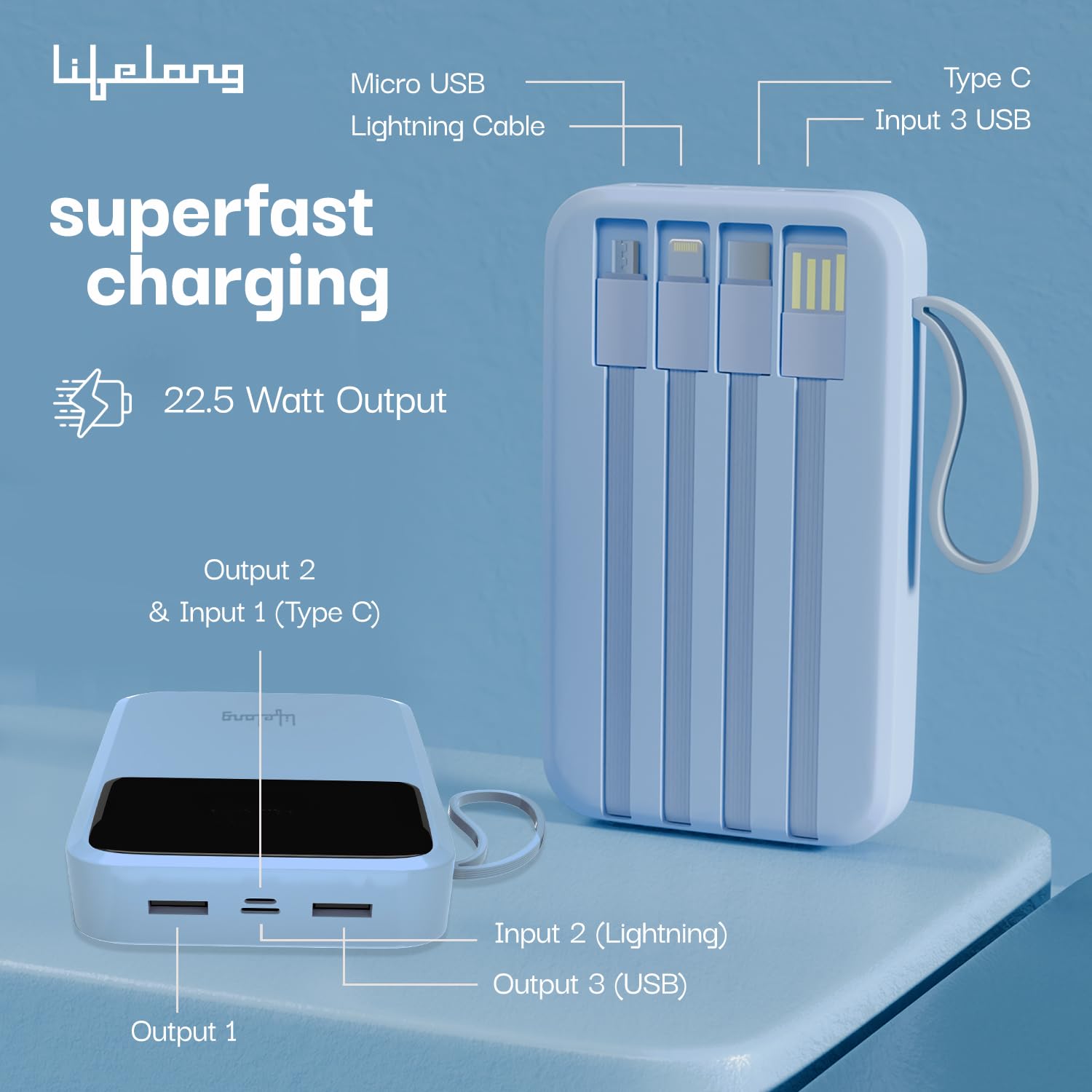 Lifelong Electronics 20000mAh 22.5W Fast Charging Power Bank | 4 Cables Attached – Type A + Type B + Type C + Lightning | for New & Old Devices | 4 Ports Available Too | Small Pocket Size Powerbank — Amazon image 2