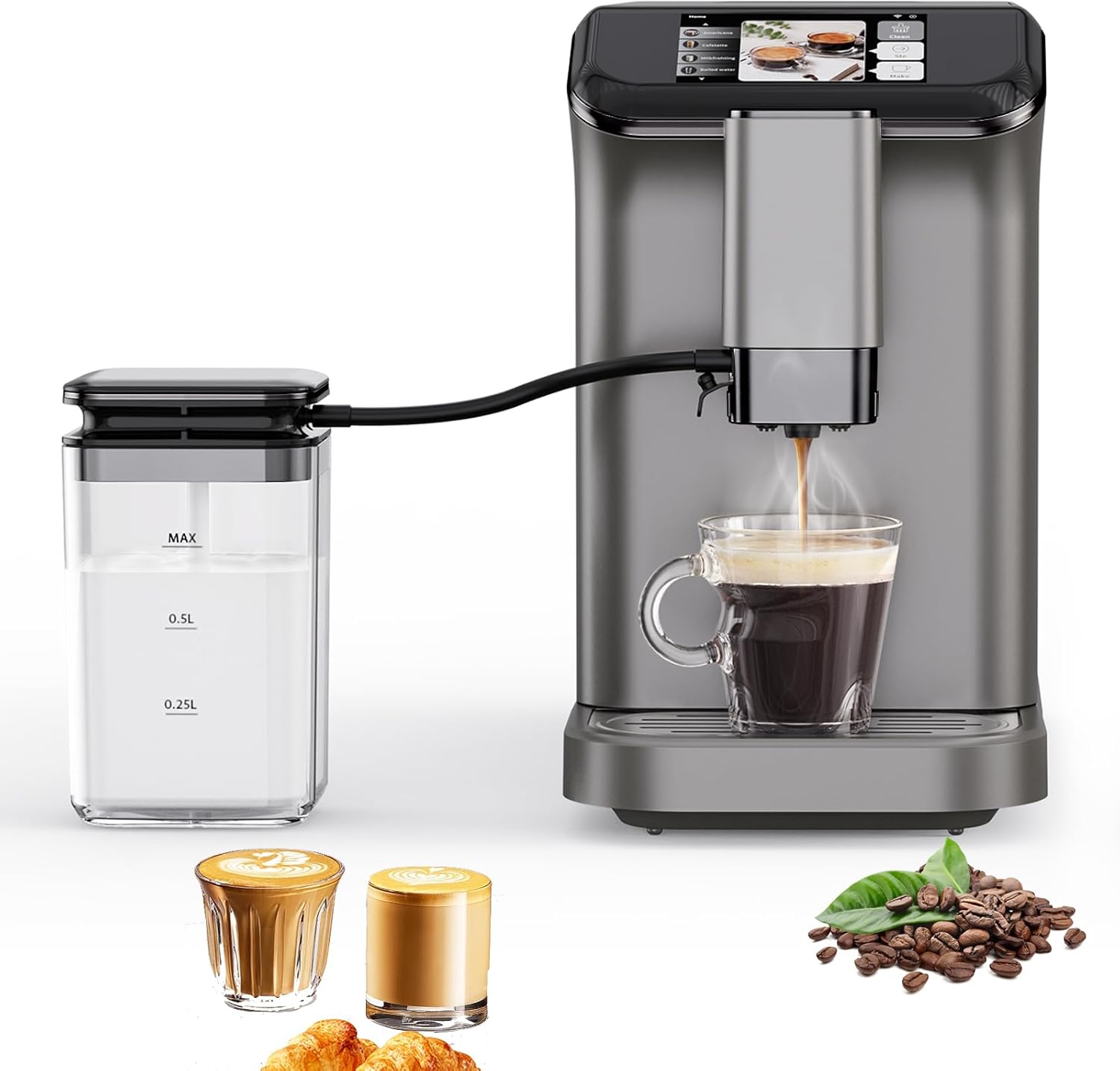 20Bar Automatic Espresso Machine with Grinder and Milk Frother,Compact Coffee Maker Machine for Home and Office,One-Touch Recipes,Dual Boiler and Auto Cleaning