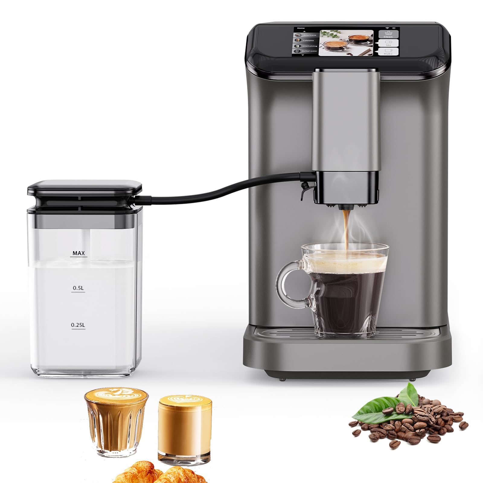 20Bar Automatic Espresso Machine with Grinder and Milk Frother,Compact Coffee Maker Machine for Home and Office,One-Touch Recipes,Dual Boiler and Auto Cleaning