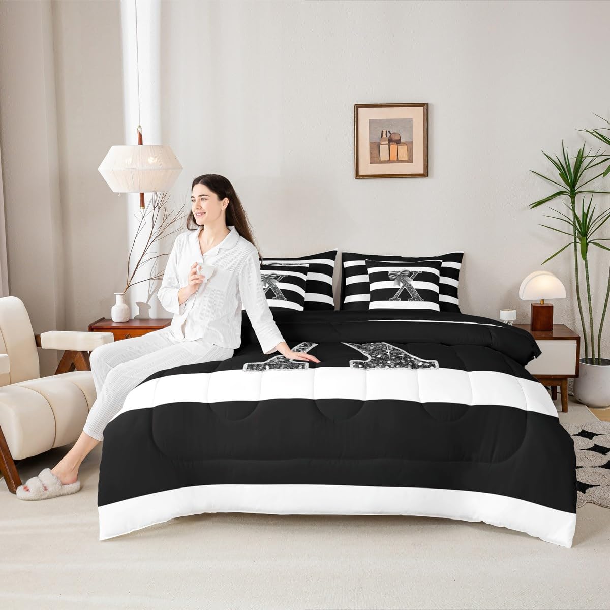 Erosebridal Initial Letter X Full Size 7 Piece Bedding Set Kawaii Bowknot Comforter Sets Modern Black Stripes Sheet Set for Teens Adult Women Cute Sequins Bow Bed in A Bag with Flat and Fitted Sheet
