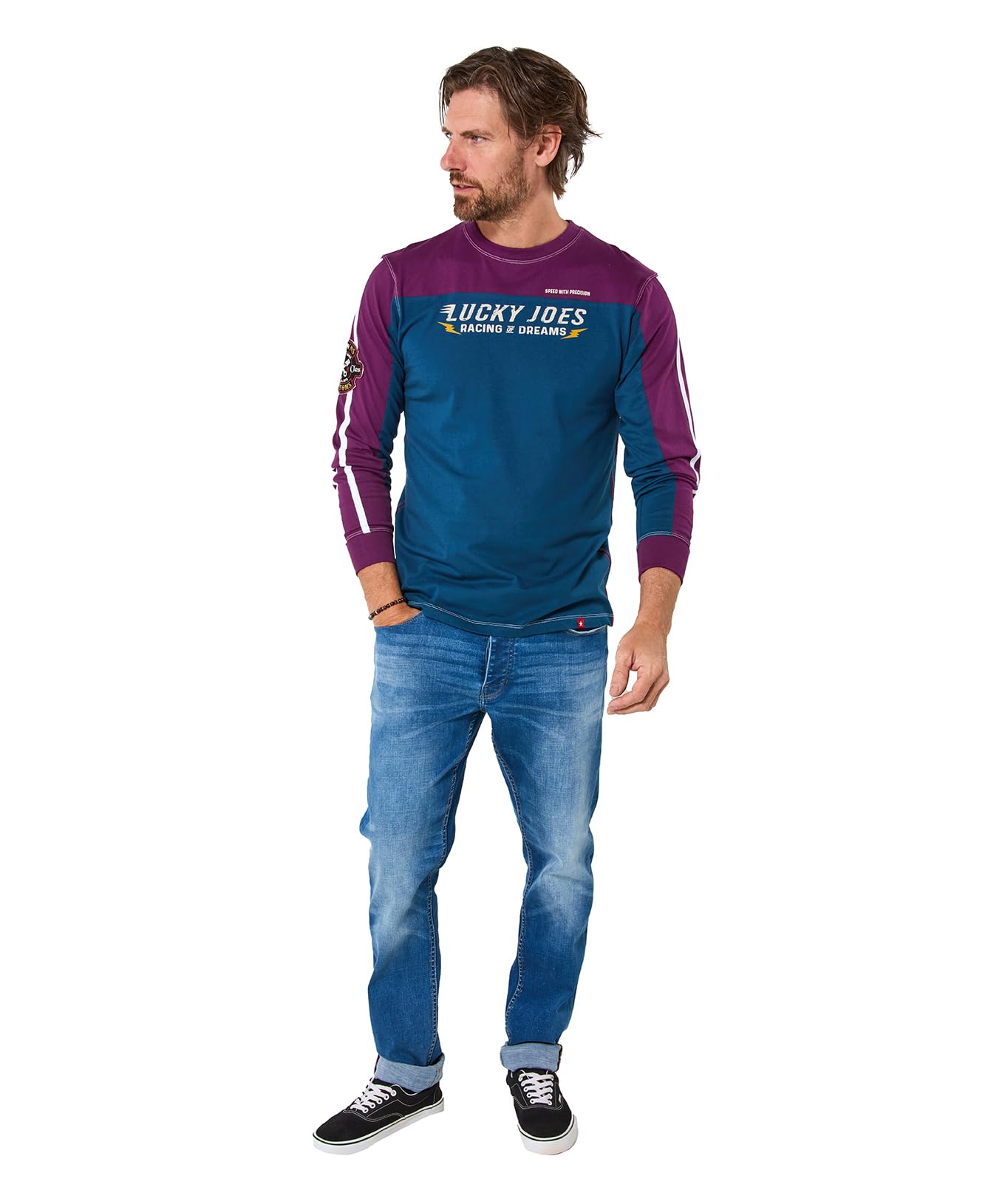 Joe Browns Men's Contrast Panels Casual Long Sleeve Top Henley Shirt, Purple, XL