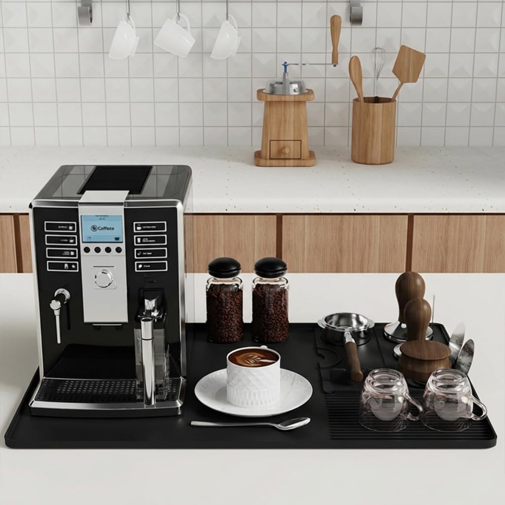 Silicone Coffee Bar Mat with Removable Tamper Mat for Ninja Luxe Cafe Accessories, Anti-Slip, Heat-Resistant Espresso Machine Mat, Black, 23.5"x15.7"