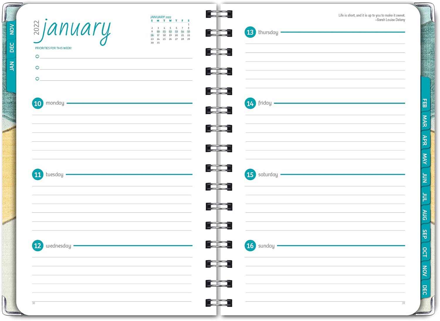HARDCOVER 2022 Planner: (November 2021 Through December 2022) 5.5"x8" Daily Weekly Monthly Planner Yearly Agenda. Bookmark, Pocket Folder and Sticky Note Set (Linen Teal Yellow) : Office Products
