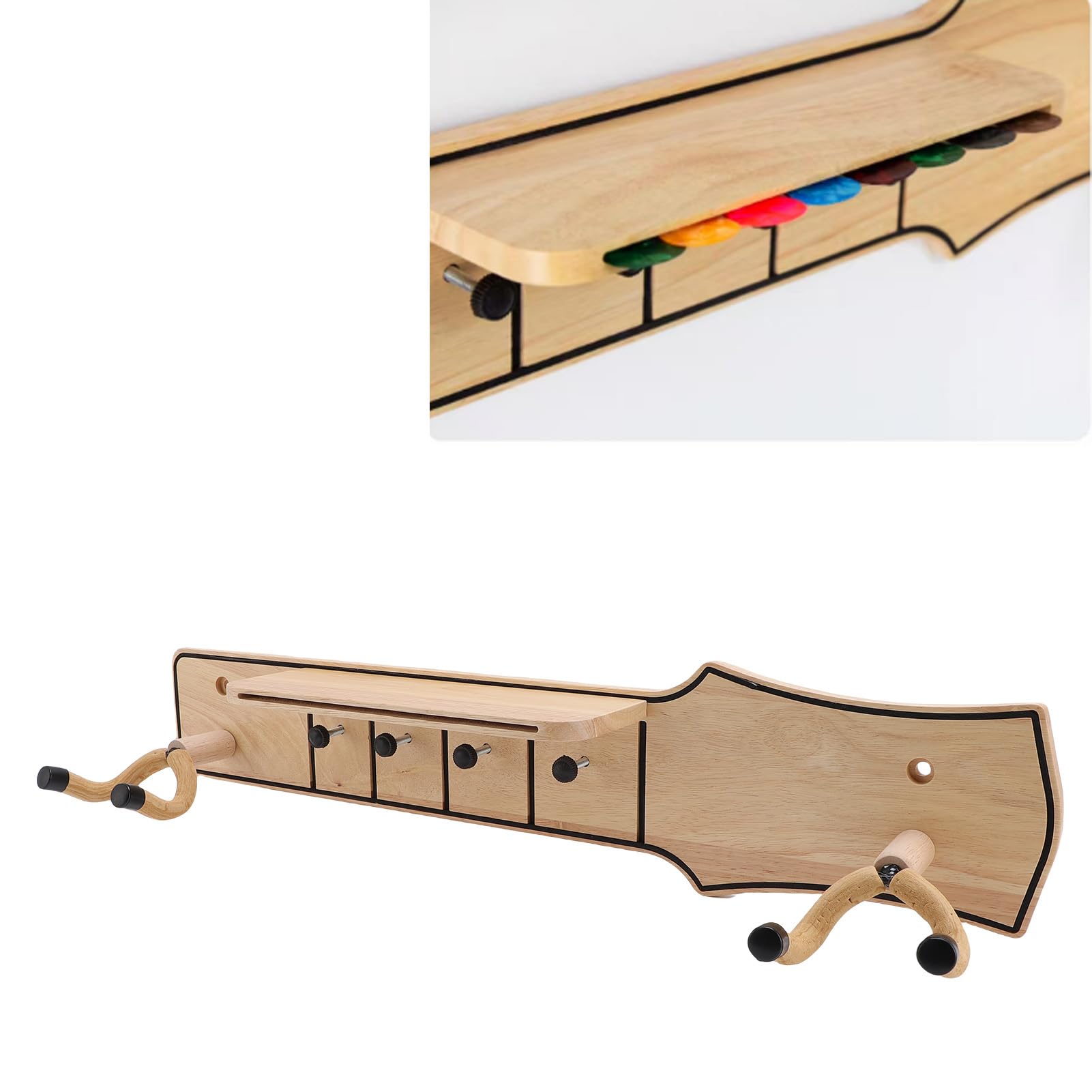 Soporte de Pared para Guitarra con Estante y Soporte para Púas Elegante de Madera Firme y Duradero Perfecto Espacios Ensayo Material único Madera Maciza