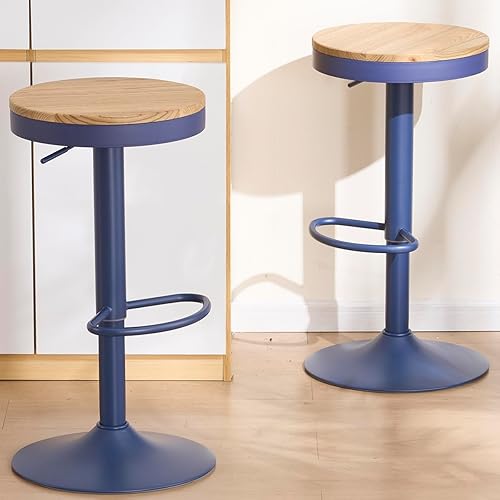 Miniatura 8 de Kidol & Shellder Juego de 2 taburetes de bar redondos ajustables giratorios modernos sin espalda, sillas de bar de madera, taburetes de altura sin