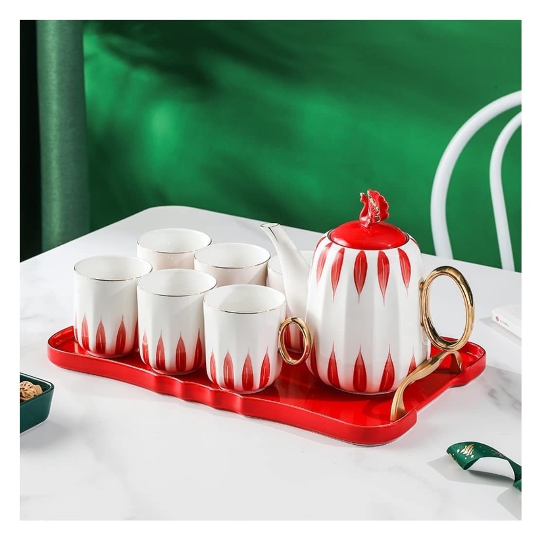 DANNMPX Tea Set 8pcs Ceramic Coffee Set European Style Tea With Tray English Afternoon Teapot Cup Teapot And Cups(Rosso)