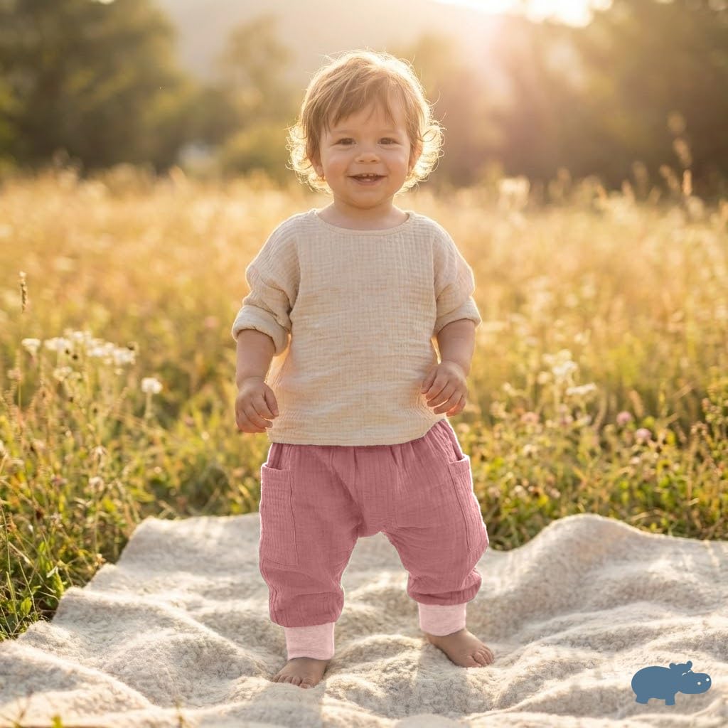 Baby Pumphose – 100% GOTS Bio-Musselin – Extra Weite Haremshose mit elastischen Bündchen für maximale Bewegungsfreiheit – Luftige Pluderhose