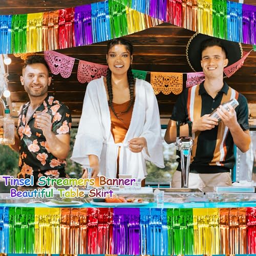 Image of 4 Packs Total 39 Ft Rainbow Parade Floats for Trailer Car, Colorful Foil Fringe Garland Tinsel Streamers Hanging Banner Table Skirts for Graduation Homecoming Holiday Birthday Pride Party Decor