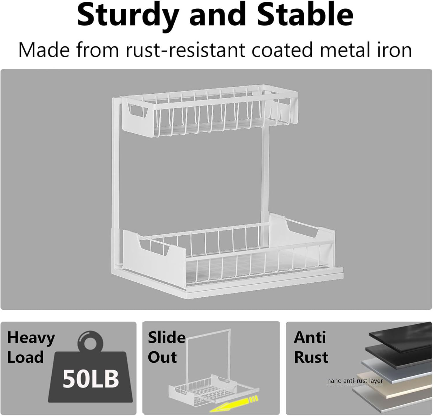 Ceetug Under Kitchen Sink Organizers and Storage Pull Out 2 Tier Metal Bathroom Cabinet Organizer (White, 2 Pack)