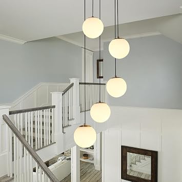 5-Lights Cluster Globe Glass Chandelier Mid Century Brushed Gold Hanging Lamp with Milk White Glass Modern Cluster Pendant Light for Staircase Dining Room Living Room Adjustable Height