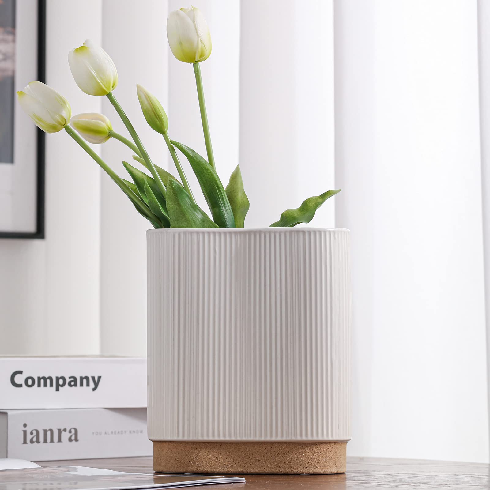 Ceramic White Vase Wide Mouth Vases for Table, Living Room Decor, Shelf Decor, Mantel-Height 8"/