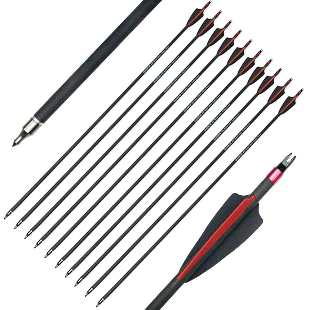 Milaem 12pcs 31 Flèches de Carbone Spine 400 Flèches de Chasse avec 100 Grain Embouts Amovibles pour Arc Poulies et Arc Classique Arc Long Cible d'entrainemen