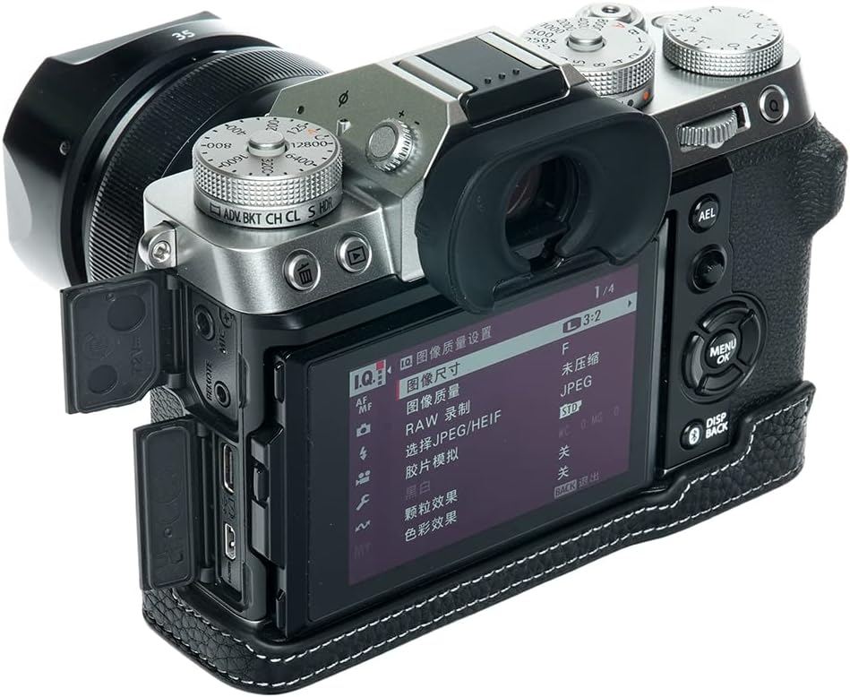 X-T5 Camera Case, BolinUS Handmade Genuine Real Leather Half Camera Case Bag Cover for Fujifilm Fuji X-T5 XT5 Camera Bottom Opening Version + Hand Strap (Black)