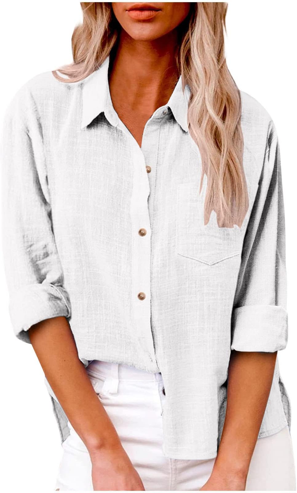 AMhomelyWomens Blouse Shirt Long Sleeve Cotton Linen Tops Business Office Casual Tunic Tops Button Down Shirts Oversized Plain Blouse for Work Loose Fit Dressy Plus Size Tee Shirts
