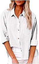 Chemise Lin Femme Col en V Bouton Manches Longues Chemisier Coton Et Lin pour Femmes Couleur Unie Chemise en Lin LâChe Respirant T-Shirts Grande Taille Pas Cher Casual Coton Lin Tunique Blouse