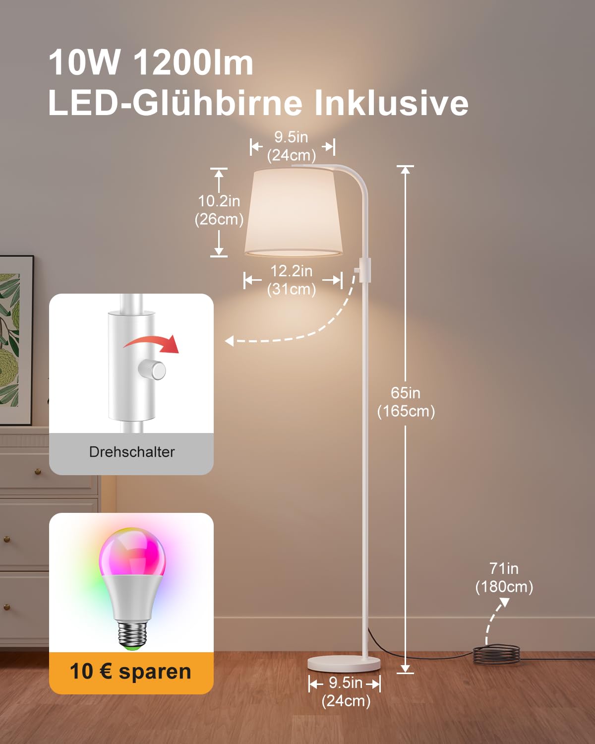 DUSKTEC Inteligentna Lampa PodłOgowa LED Do Salonu | ŁUkowa Lampa RGB 10 W / 1200 Lm Z Funkcją śCiemniania I łąCznośCią | PodłOgowa Sterowana Aplikacją Lub GłOsem, Z Alexa I Google Home