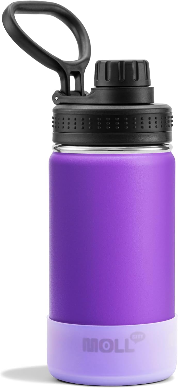 Mollcity Kids Water Bottle with Spout Lid-12 oz Sports Wide Mouth Water Bottle for School-Reuasble Stainless Steel Vacuum Insulated Water Flask with Silicone Boot(Purple)