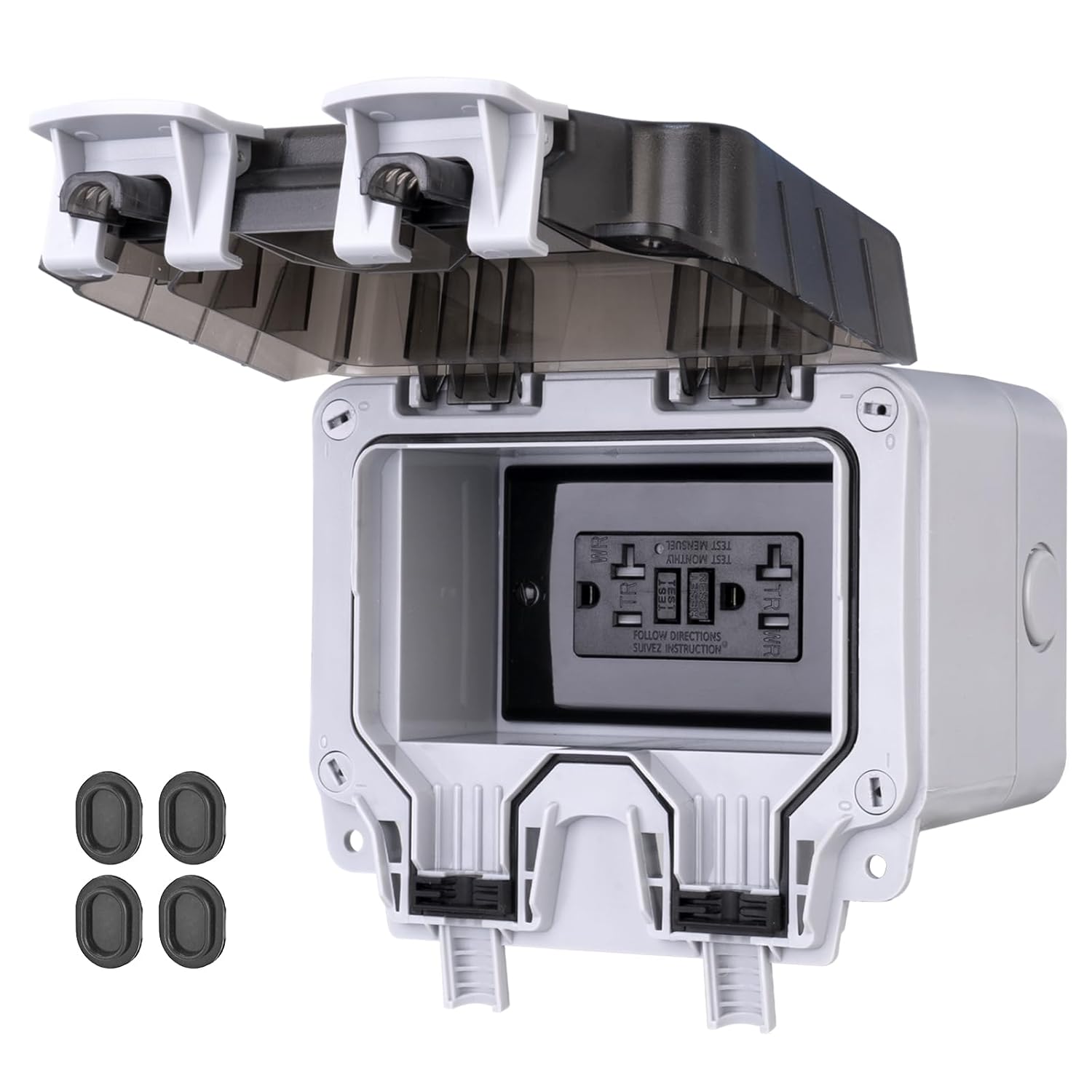 Outdoor Outlet Box IP66 Waterproof - Pre Drilled Electrical Power Box with 20 AMP WRTR GFCI Receptacle and Lockable Cover - Weatherproof Plug Box for Backyard, Outdoor Lighting
