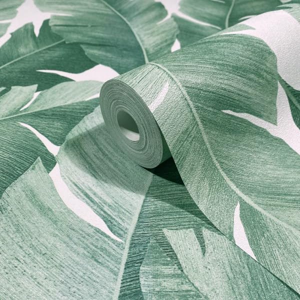 marburg Self-Adhesive Wallpaper, White, Green Leaves, Floral Jungle, Plant Motif for Wall and Furniture, Furniture Sticker Film, 6.00 x 0.53 m, Made in Germany