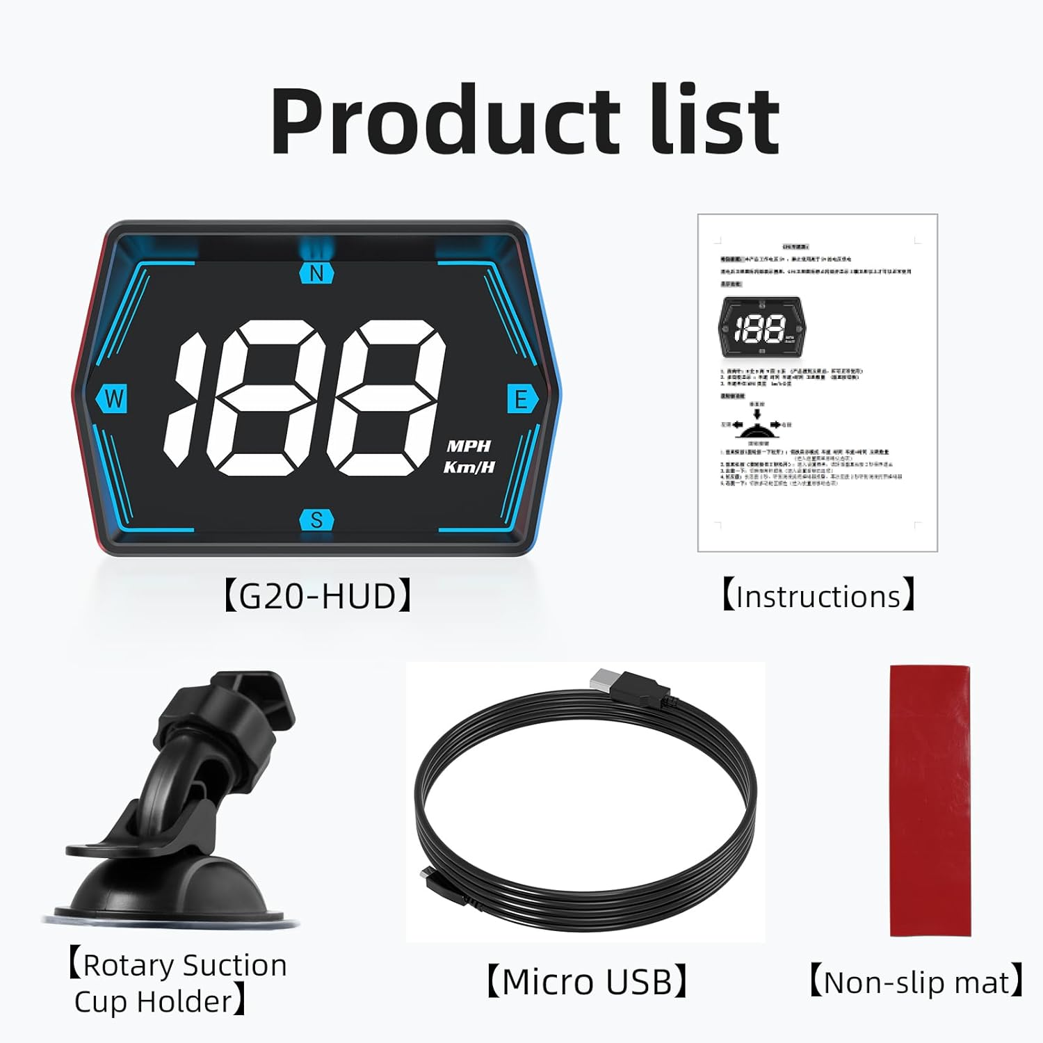 Contents of the SinoTrack G20 GPS Speedometer package including the HUD unit, USB cable, manual, and non-slip pad.