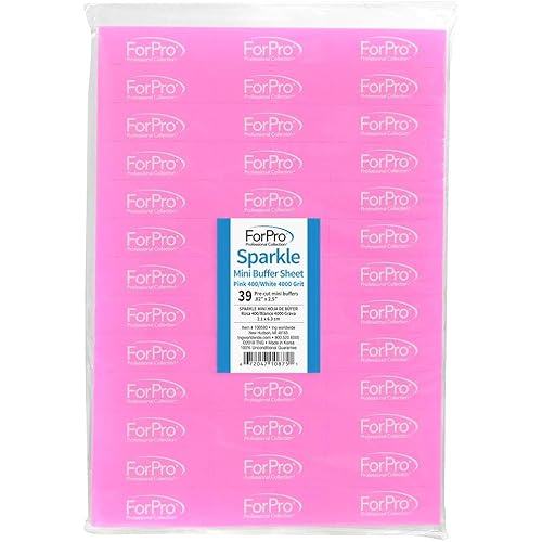 ForPro Professional Collection Sparkle Mini Buffer Sheet, Pre-Cut, Double-Sided Manicure & Pedicure Nail Buffers, Pink 400/White 4000 Grit, 39-Count