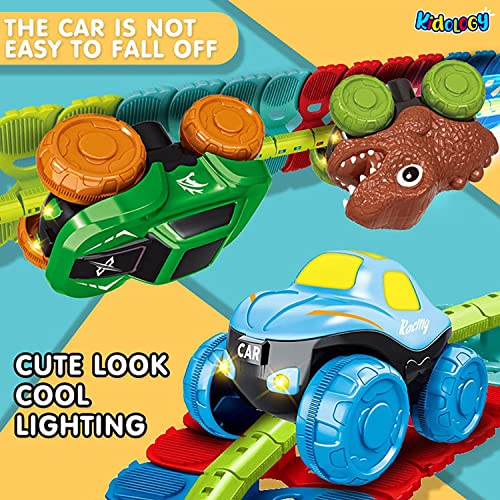 Image of Kidology Dinosaur Car Race Tracks Toy for Kids | Color-Variable Race Track Toy with Light Flexible Track | Flexible Track Creative Gravity Free Racer Track Sets for Kids, Construction Toy (135 pc)