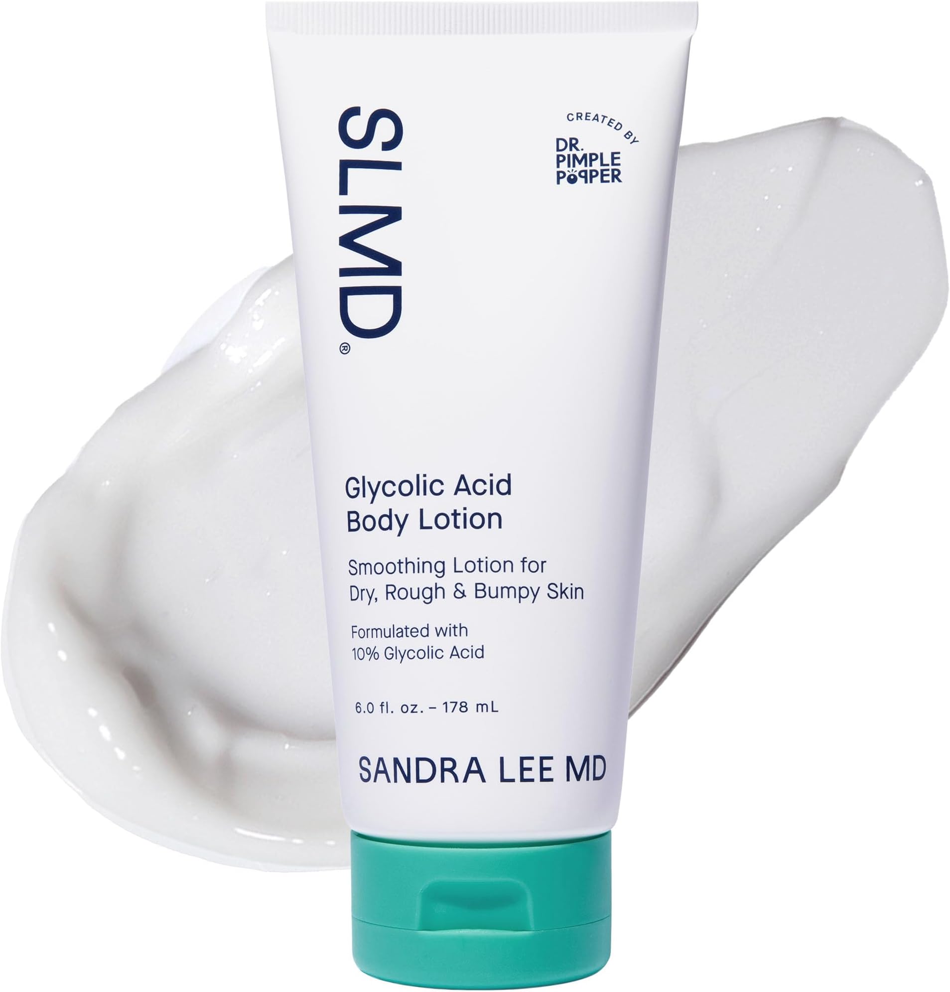 SLMD by Dr. Pimple Popper | Glycolic Acid Body Lotion | Exfoliating Glycolic Acid Lotion Body for Rough, Bumpy Skin and Skin Prone to KP, Ingrown Hairs, Shaving Bumps | 10% AHA - 6 fl. oz.
