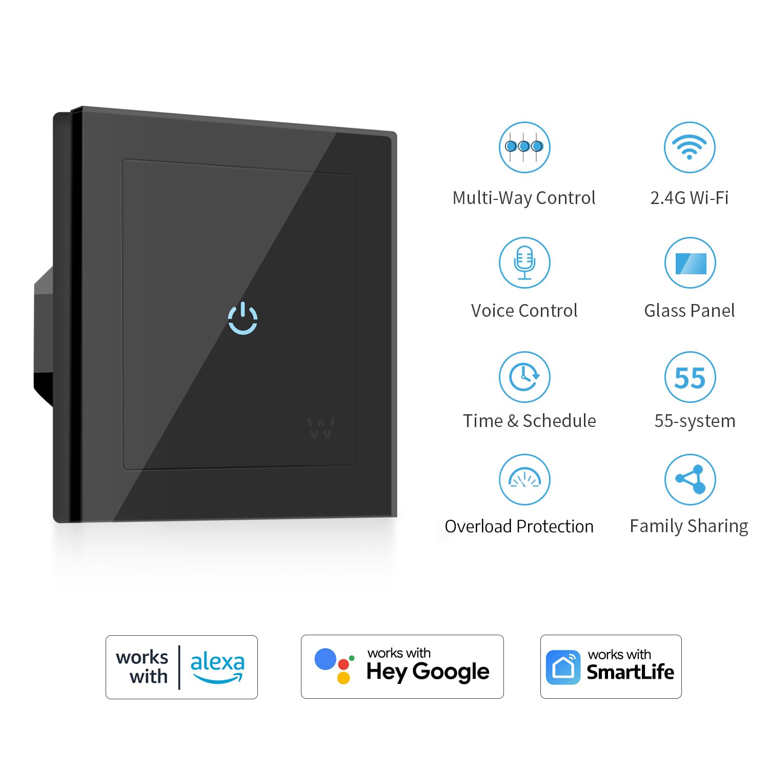 SMARTERCURRY Lot de 4 interrupteurs Wi-Fi intelligents - 1 voie - Pour Alexa et smartphone - En verre trempé - Fonction de minuterie - Noir