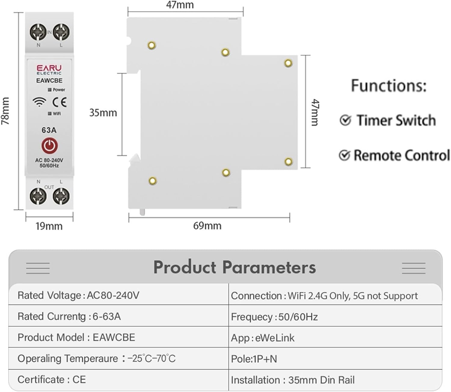 Circuit Breaker MCB 1P 63A Timing Energy Voltage Ammeter Protector Voice Remote Control Switch(1-63A (Adjustable))