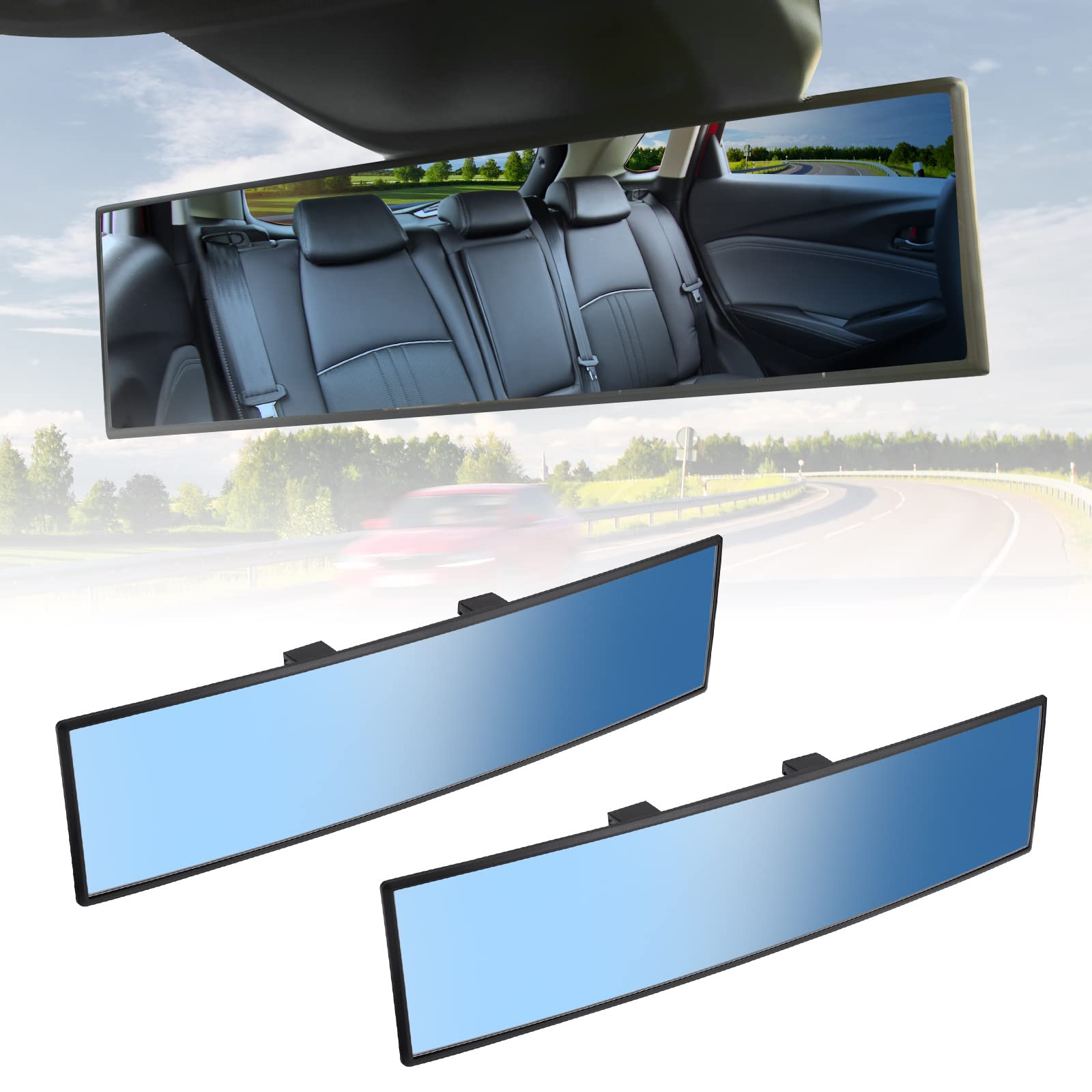 JOYTUTUS Rear View Mirror, Universal 11.81 Inch 2 Pack Panoramic Convex Rearview Mirror, Interior Clip-on Wide Angle Rear View to Reduce Blind Spot Effectively for Car SUV Trucks - Blue