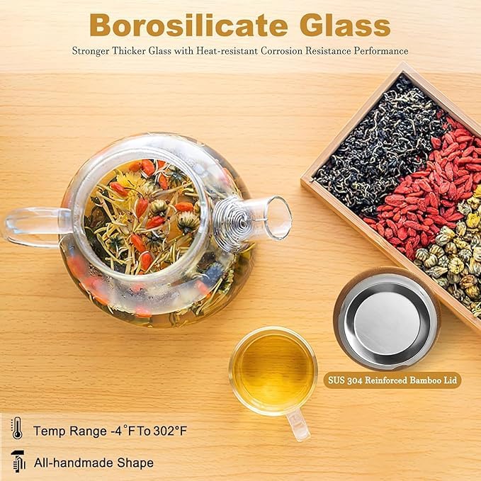 Image of PrimeWorld Glass Teapot with Removable Filter & Bamboo Lid - 1500ml | Fruit Infused Water Jar with Handle | Stovetop & Microwave Safe Tea Kettle for Blooming & Loose Leaf Tea