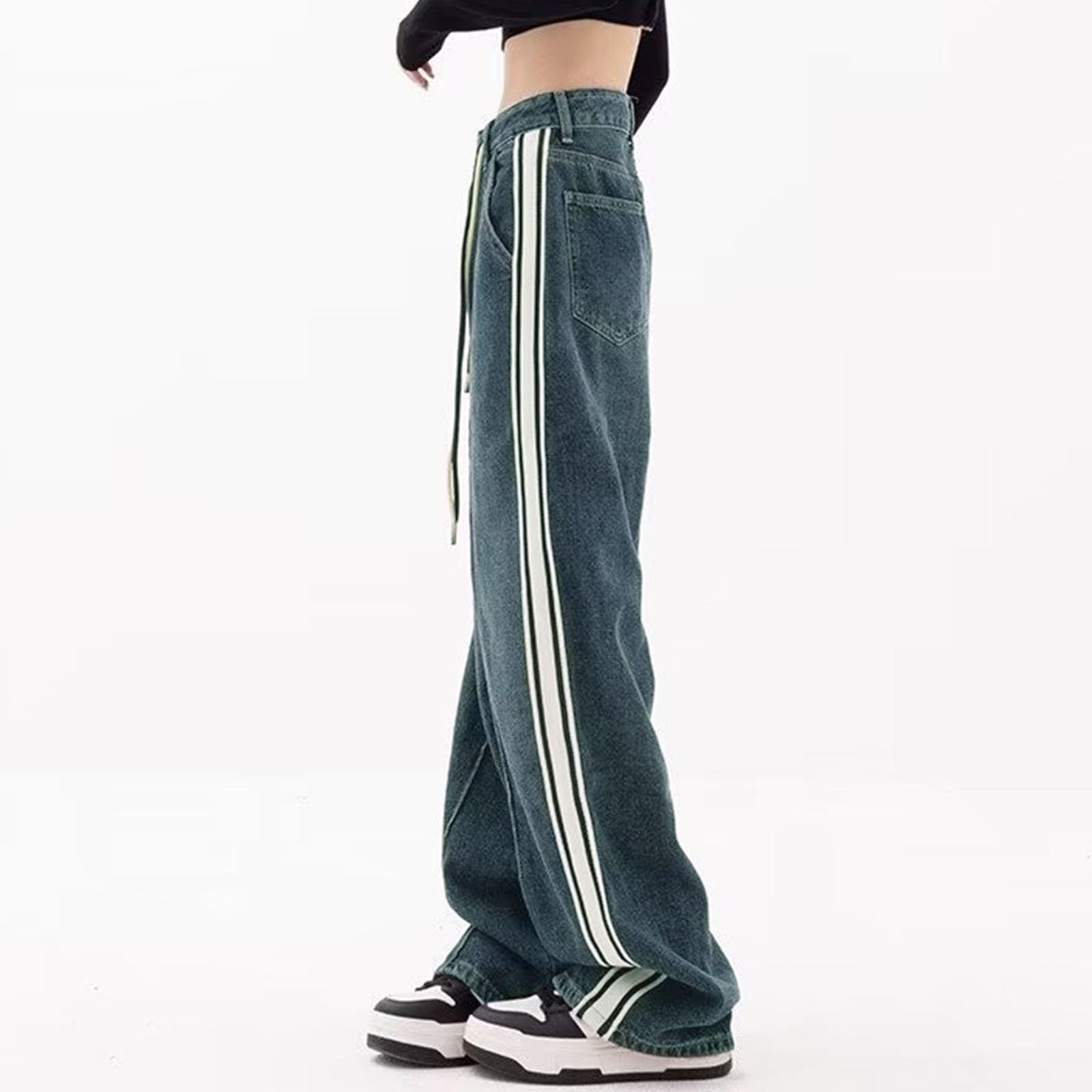 Generico Jeans Donna Wide Leg Jeans Donna a Flared High Rise Casual Curvy Pantaloni Aderenti Elasticizzati Pantaloni Vintage Pantaloni Morbidi Push Up Casuale Hiphop Ragazza Teenager Streetwear