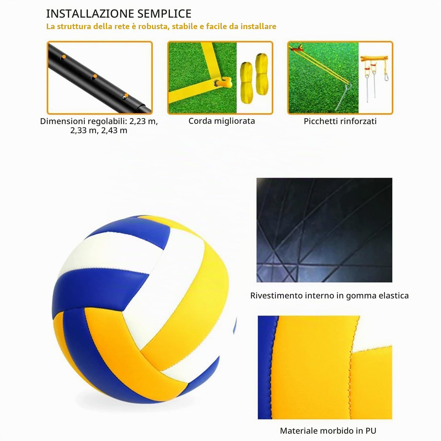 Set di rete da pallavolo, 9,5 m x 1 m, pieghevole, set completo di rete con pali in acciaio,Sistema di marcatura del campo, palloni da pallavolo e sacca portaoggetti, altezza regolabile