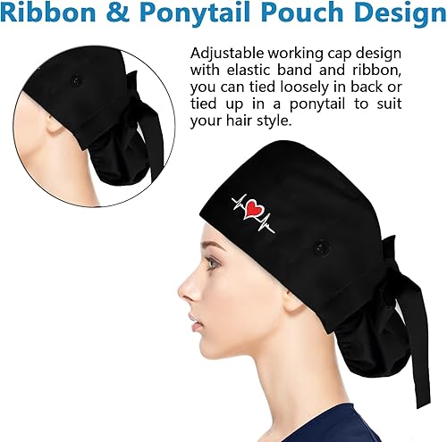 Vista 5 de Fesciory Gorras de trabajo ajustables con botón y banda para el sudor, sombreros de cola de caballo para mujer, cabello largo