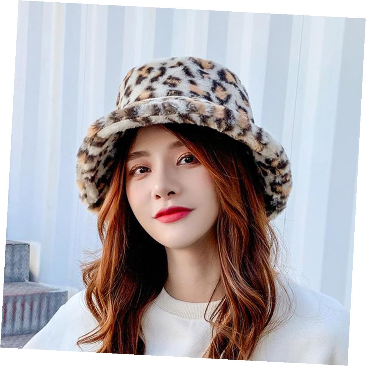 Leopard Print Plush Fisherman Hat Warm Bucket Cap Soft Thick Hat for Women Travel and Outdoor Use Size M (56-58cm) Beige