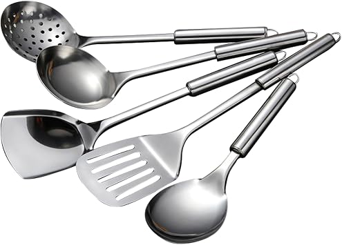 5 PCS Cooking Utensils Set Stainless Steel Kitchen Utensils Gadgets Resistant Cooking Tools Includes Slotted Spoon, Slotted Spatula, Large Spoon, Soup, SpatulaSliver